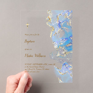 Invitaciones Acrílicas bautizo mármol azul pastel
