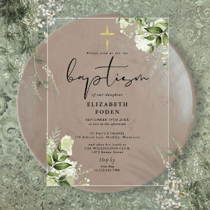 Invitaciones Acrílicas Bautizo moderno elegante floral verde rústico