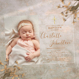 Invitaciones Acrílicas Bautizo moderno guión dorado foto