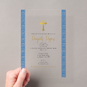 Invitaciones Acrílicas Bautizo Ortodoxo de Llave Griega Azul Niño