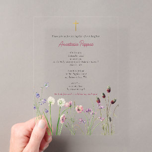 Invitaciones Acrílicas Bautizo Ortodoxo Griego de niña Flor silvestre