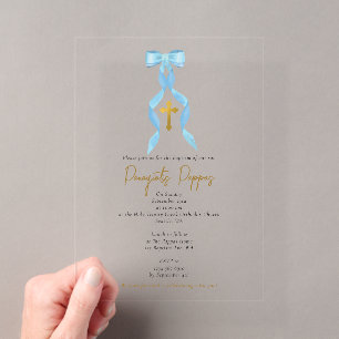 Invitaciones Acrílicas Bautizo Ortodoxo Griego de Niño con Lazo Azul