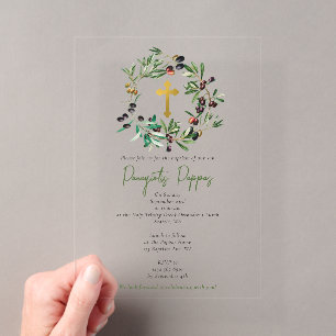 Invitaciones Acrílicas Bautizo ortodoxo griego de olivas y vegetación