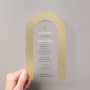 Invitaciones Acrílicas Bautizo Ortodoxo Griego Llave Griega de Oro