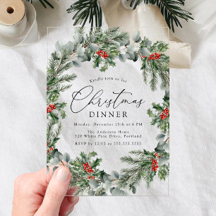 Invitaciones Acrílicas Bayas de Acebo Elegantes y Cena de Navidad de Pino