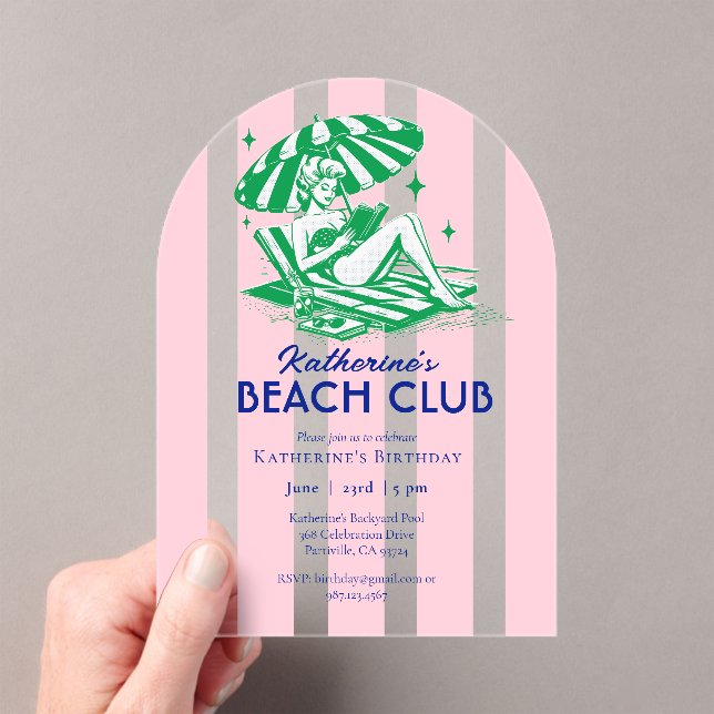 Invitaciones Acrílicas Beach Club Pink Cabana Stripe Fiesta de Cumpleaños (Insitu (portátil))