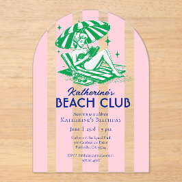 Invitaciones Acrílicas Beach Club Pink Cabana Stripe Fiesta de Cumpleaños