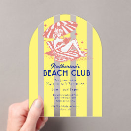 Invitaciones Acrílicas Beach Club Yellow Cabana Stripe Fiesta de cumpleañ
