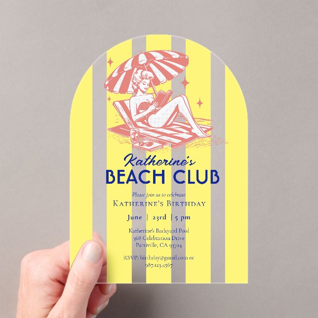 Invitaciones Acrílicas Beach Club Yellow Cabana Stripe Fiesta de cumpleañ (Insitu (portátil))