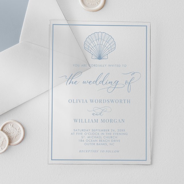 Invitaciones Acrílicas Beach Seashell Elegant Dusty Blue Boda (Subido por el creador)