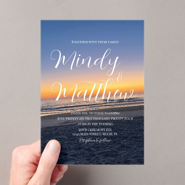 Invitaciones Acrílicas Beach Sunset Down Destination Blue Wedding (Insitu (portátil))