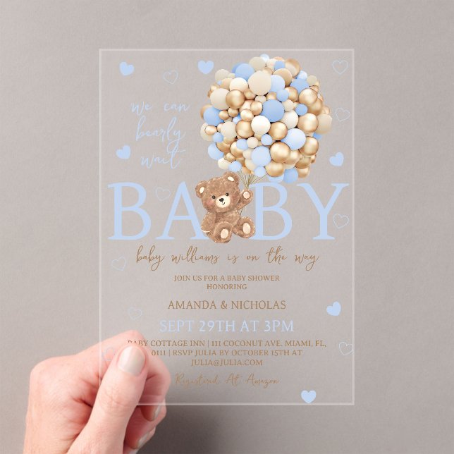 Invitaciones Acrílicas Bear Balloon Blue Baby Shower (Insitu (portátil))