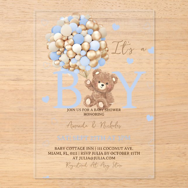 Invitaciones Acrílicas Bear es un niño Baby Shower (Anverso)
