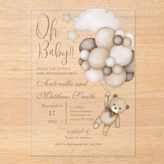 Invitaciones Acrílicas bear with balloons baby shower