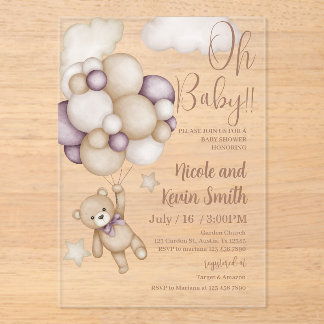Invitaciones Acrílicas bear with balloons baby shower
