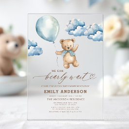 Invitaciones Acrílicas Bearly Wait Neutral Beige & Blue Boy Baby Shower