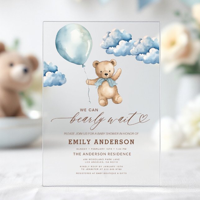 Invitaciones Acrílicas Bearly Wait Neutral Beige & Blue Boy Baby Shower (Subido por el creador)