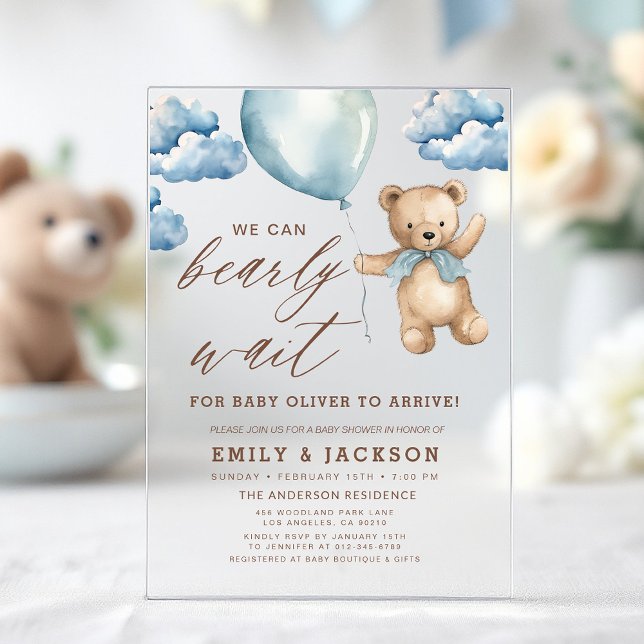 Invitaciones Acrílicas Bearly Wait Neutral Beige & Blue Boy Baby Shower (Subido por el creador)