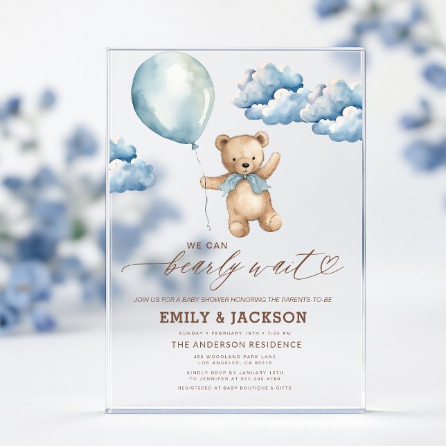 Invitaciones Acrílicas Bearly Wait Neutral Beige & Blue Boy Baby Shower (Subido por el creador)