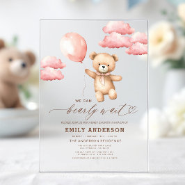 Invitaciones Acrílicas Bearly Wait Neutral Beige & Chica Rosa Baby Shower