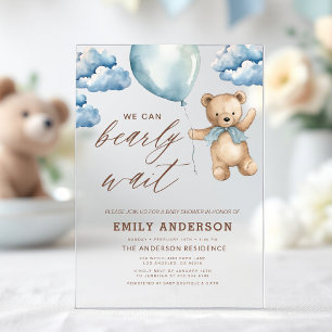 Invitaciones Acrílicas Bearly Wait Neutral Beige y Azul Baby Shower Niño