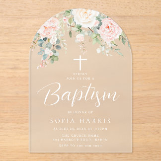 Invitaciones Acrílicas Beautiful Blush Flowers Baby Girls Baptism
