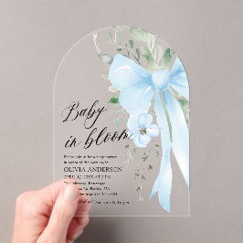 Invitaciones Acrílicas Bebé azul en el arco de Baby Shower de un niño flo