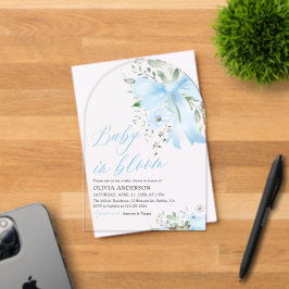 Invitaciones Acrílicas Bebé azul en el Baby Shower floral de un niño flor