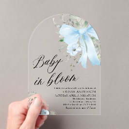 Invitaciones Acrílicas Bebé azul en el Baby Shower floral de un niño flor