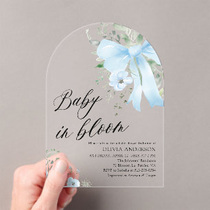 Invitaciones Acrílicas Bebé azul en el Baby Shower floral de un niño flor