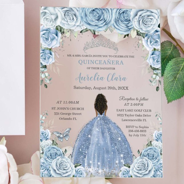 Invitaciones Acrílicas Bebé Azul Floral Marrón Princesa Plata Quinceañera (baby blue quinceañera acrylic invitation brown african girl in glittery dress butterfly silver tiara)