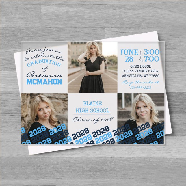 Invitaciones Acrílicas Bebé Azul y graduación de la Marina 3 Foto Frotada (Unique Baby Blue and Navy Blue Graduation Acrylic Party Invitations)