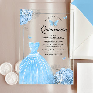 Invitaciones Acrílicas Bebé Blue Floral Butterfly Silver Quinceanera