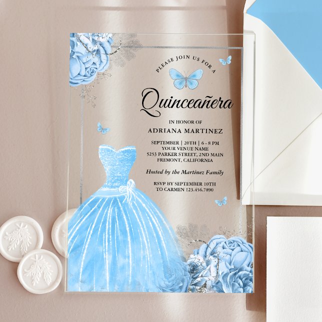 Invitaciones Acrílicas Bebé Blue Floral Butterfly Silver Quinceanera (Subido por el creador)