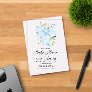 Invitaciones Acrílicas Bebé con lazo azul en flor Bebé Niño Baño de bebé 