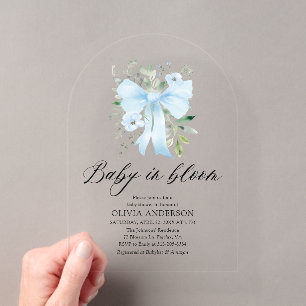 Invitaciones Acrílicas Bebé con lazo azul en flor Bebé Niño Baño de bebé 