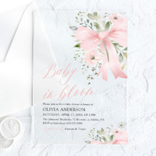 Invitaciones Acrílicas Bebé con lazo rosa en flor, baby shower de niña fl