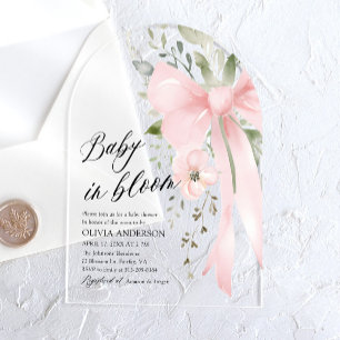 Invitaciones Acrílicas Bebé con lazo rosa en flor, Shower de bebé niña fl