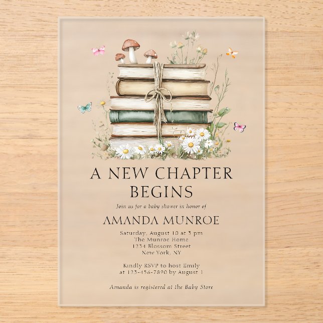 Invitaciones Acrílicas Bebé de Acuarela Floral Un Nuevo Capítulo Shower  (Anverso)