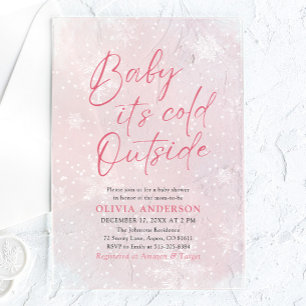 Invitaciones Acrílicas Bebé de Navidad Rosa Está Afuera Hace Frío Fiesta