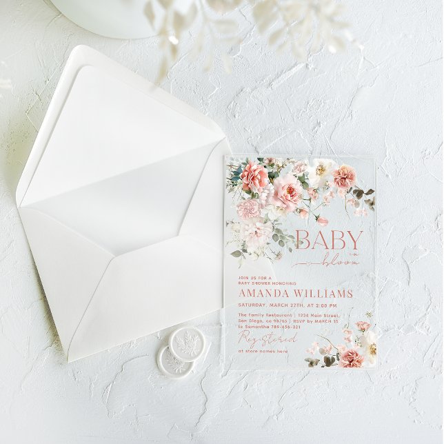 Invitaciones Acrílicas Bebé en Baby Shower, Chica floral de rosas rosadas (Subido por el creador)