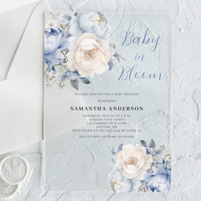 Invitaciones Acrílicas Bebé En Bloom Blue Floral Boy Baby Shower (Subido por el creador)