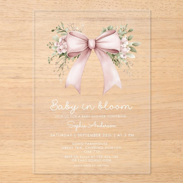 Invitaciones Acrílicas Bebé En Bloom Coquette Pink Bow Baby Shower (Anverso)