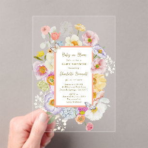 Invitaciones Acrílicas Bebé En Bloom Coral Y Baby Shower Floral De Peach