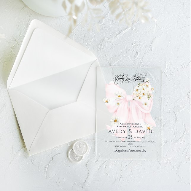 Invitaciones Acrílicas Bebé en el Baby Shower Chica de Bow Rosado en Bloo (Subido por el creador)