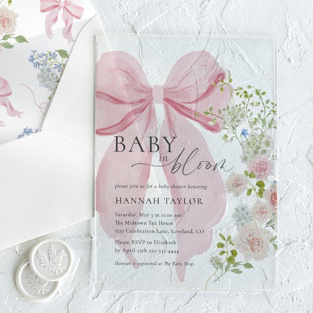 Invitaciones Acrílicas Bebé en el Baby Shower de Bow Rosa en Bloom (Subido por el creador)
