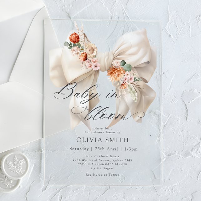 Invitaciones Acrílicas Bebé en el Baby Shower floral de Bow blanco (Subido por el creador)