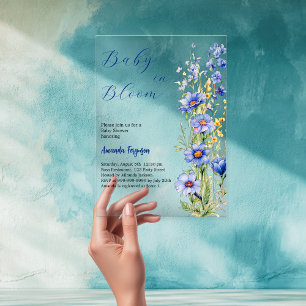 Invitaciones Acrílicas Bebé en flor floreado azul niño claro Baby Shower