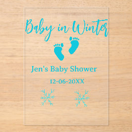 Invitaciones Acrílicas Bebé en invierno ducha de bebé azul pies bebé neva