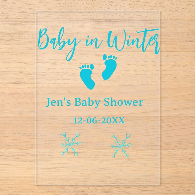Invitaciones Acrílicas Bebé en invierno ducha de bebé azul pies bebé neva (Anverso)